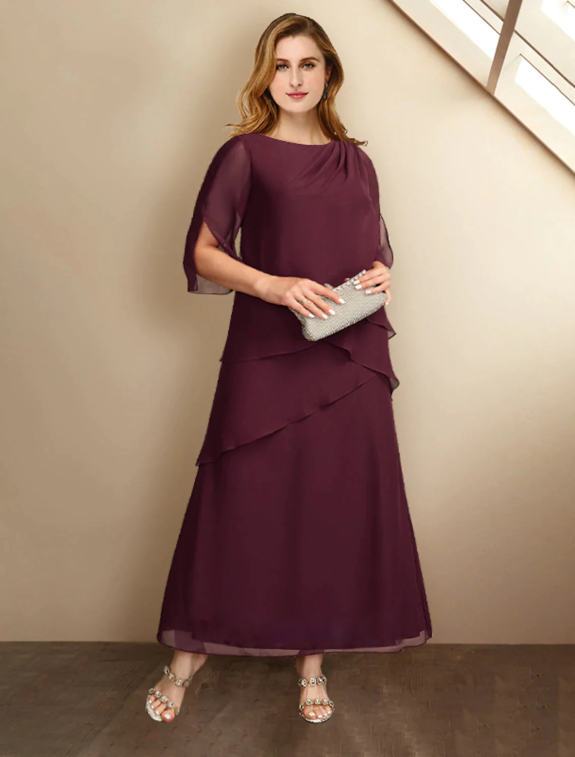 Wholesale A-Line Mother of the Bride Dresses Plus Size Hide Belly Curve Elegant Dress Formal Ankle Length Half Sleeve Jewel Neck Chiffon with Ruffles